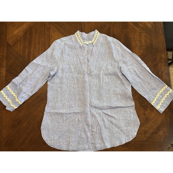 Chico's Women's 100% Linen Tunic Top 3/4 Sleeve Blue Size 2.5 US 14 w/ Rick Rack - Picture 1 of 6